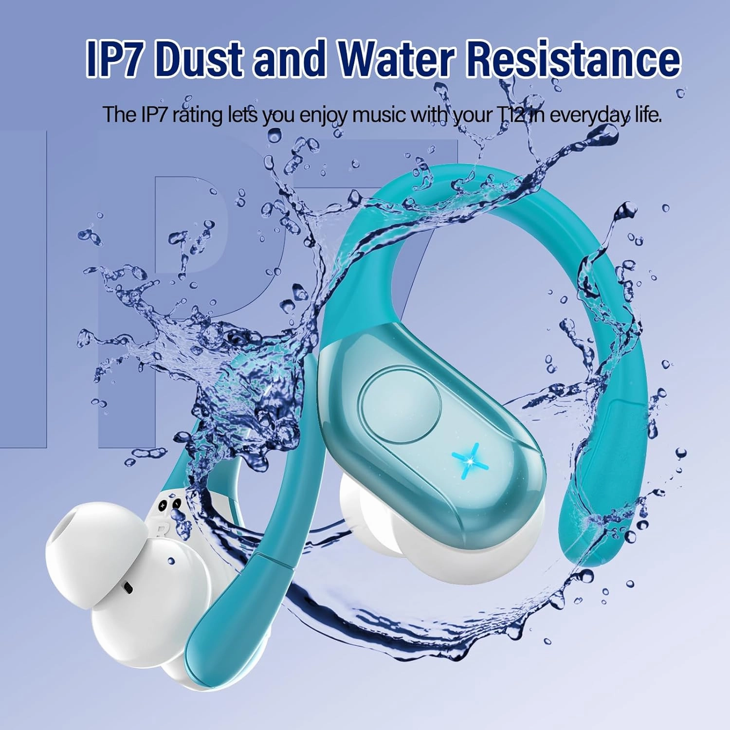 Wireless Earbuds Bluetooth 5.4 Headphones Sports, 75H Stereo Deep Bass Over Ear Buds with Earhooks, Bluetooth Earbuds with 4 ENC Mic, LED Display, IP7 Waterproof Earphone for Running, Blue