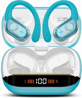 Wireless Earbuds Bluetooth 5.4 Headphones Sports, 75H Stereo Deep Bass Over Ear Buds with Earhooks, Bluetooth Earbuds with 4 ENC Mic, LED Display, IP7 Waterproof Earphone for Running, Blue over-ear headphones,closed back headphones,wireless studio cans,