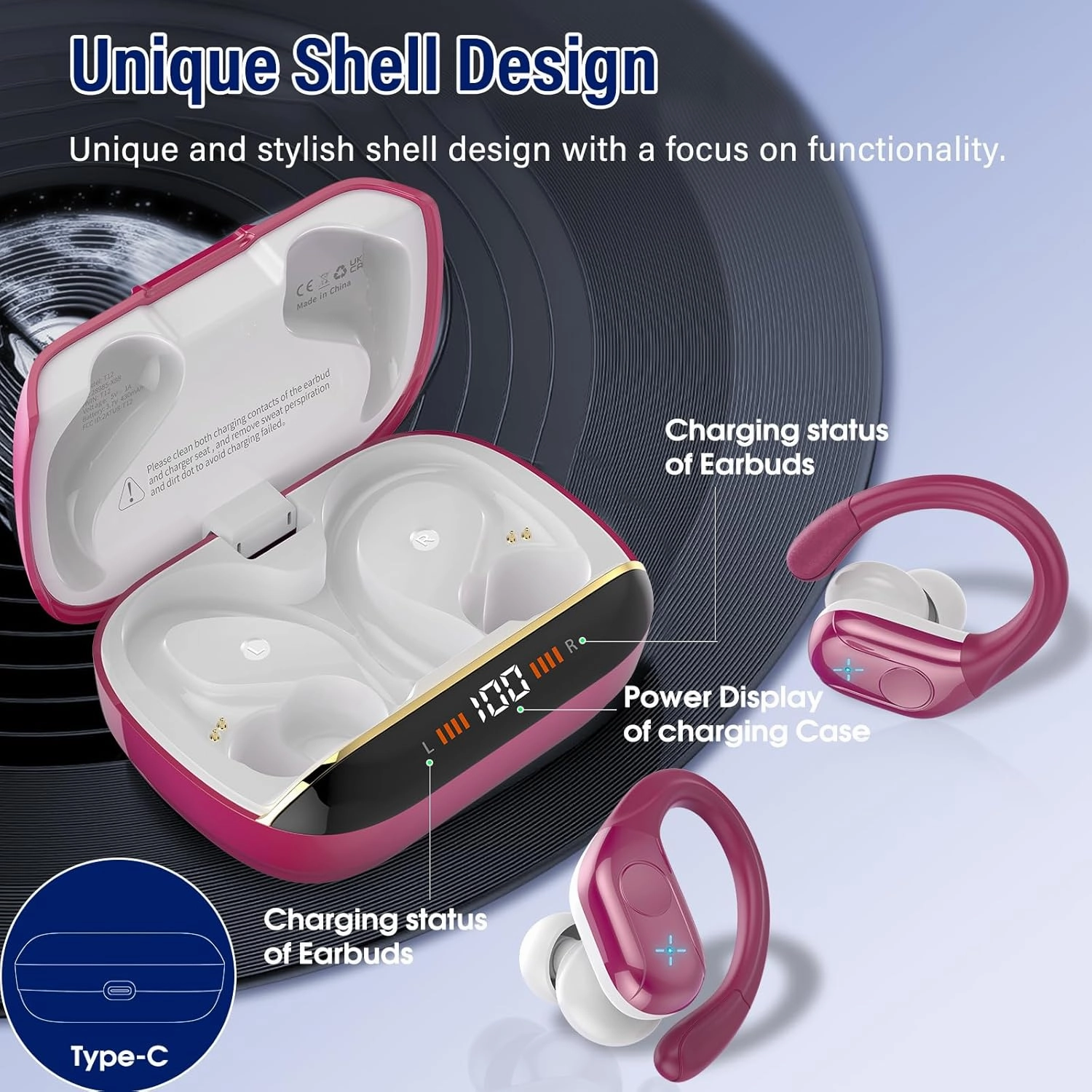 Wireless Earbuds Bluetooth 5.4 Headphones Sports 75H Stereo Deep Bass Over Ear Buds with Earhooks, Bluetooth Earbuds with 4 ENC Mic, LED Display, IP7 Waterproof Earphone for Running, Rose Gold