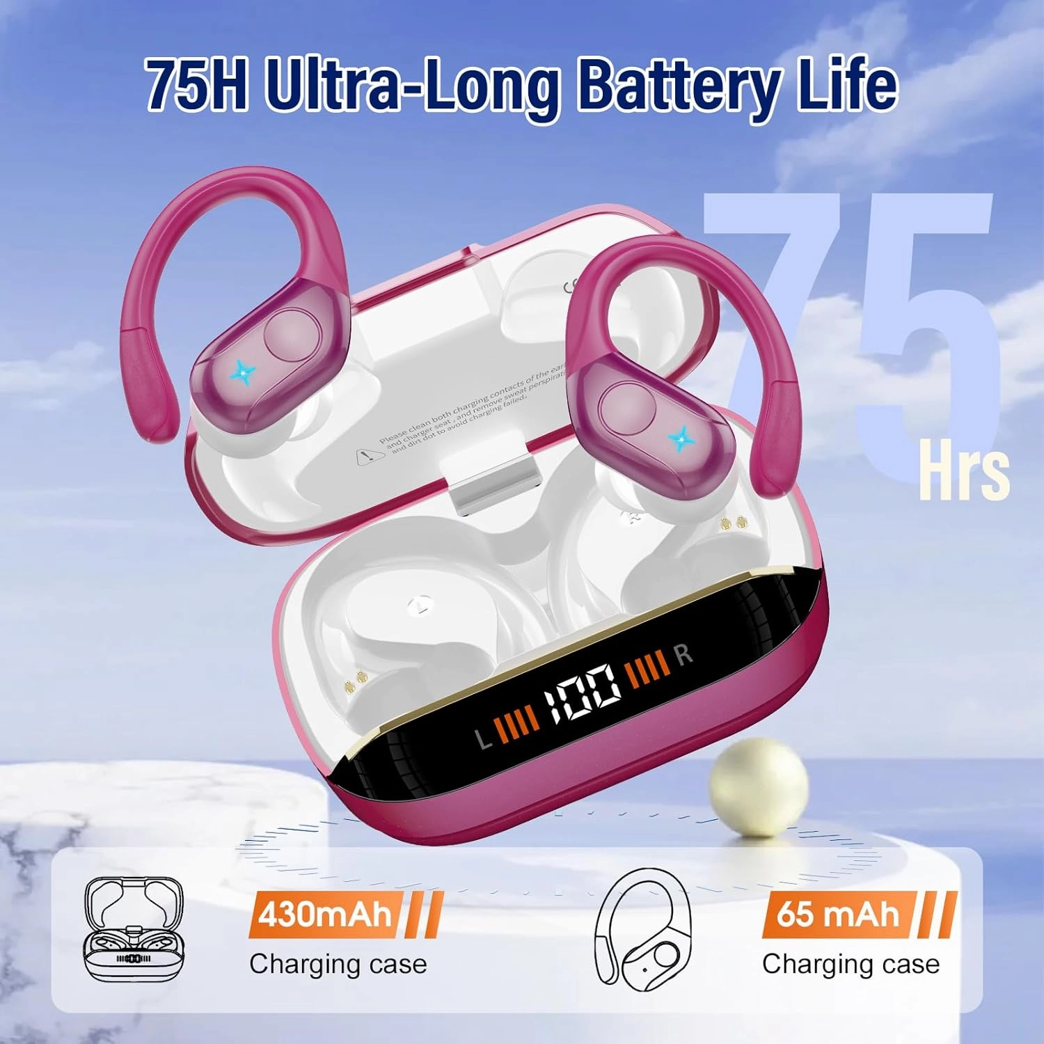 Wireless Earbuds Bluetooth 5.4 Headphones Sports 75H Stereo Deep Bass Over Ear Buds with Earhooks, Bluetooth Earbuds with 4 ENC Mic, LED Display, IP7 Waterproof Earphone for Running, Rose Gold