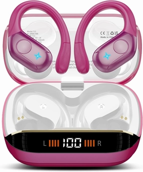 Wireless Earbuds Bluetooth 5.4 Headphones Sports 75H Stereo Deep Bass Over Ear Buds with Earhooks, Bluetooth Earbuds with 4 ENC Mic, LED Display, IP7 Waterproof Earphone for Running, Rose Gold over-ear headphones,closed back headphones,wireless studio cans