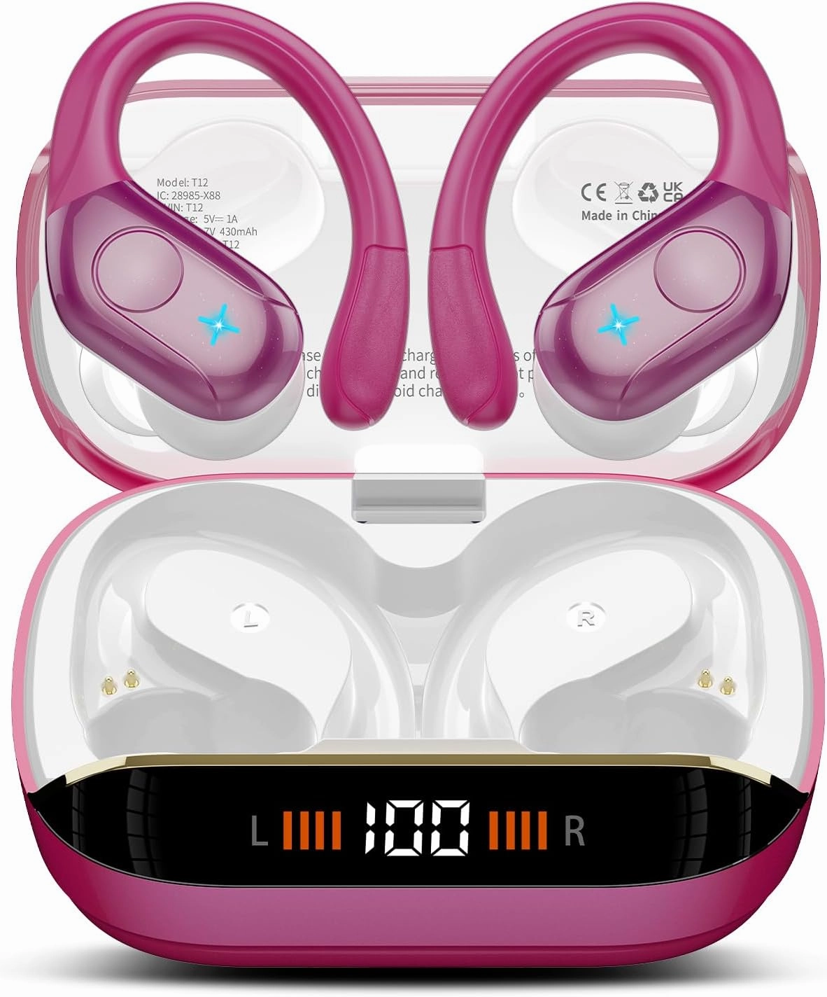 Wireless Earbuds Bluetooth 5.4 Headphones Sports 75H Stereo Deep Bass Over Ear Buds with Earhooks, Bluetooth Earbuds with 4 ENC Mic, LED Display, IP7 Waterproof Earphone for Running, Rose Gold over-ear headphones,closed back headphones,wireless studio cans