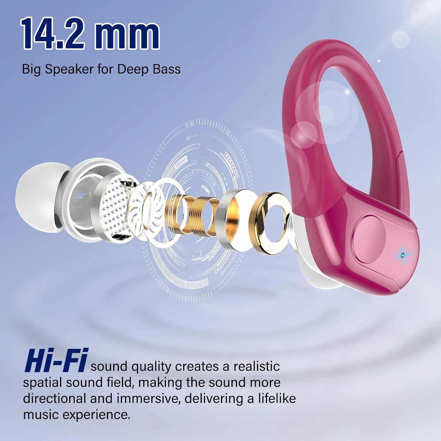 Wireless Earbuds Bluetooth 5.4 Headphones Sports 75H Stereo Deep Bass Over Ear Buds with Earhooks, Bluetooth Earbuds with 4 ENC Mic, LED Display, IP7 Waterproof Earphone for Running, Rose Gold
