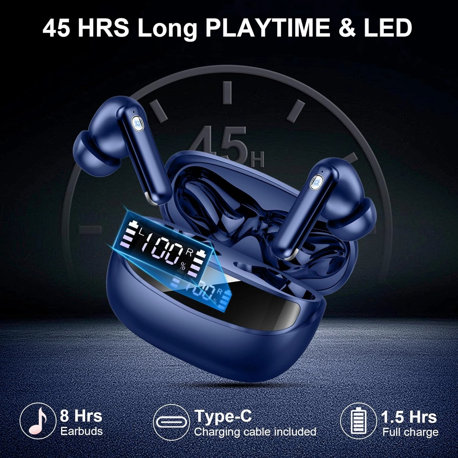 Wireless Earbuds, Bluetooth 5.4 Headphones with 4 ENC Noise Cancelling Mic, 45Hrs Playtime Bluetooth Earphones HiFi Stereo Deep Bass, in Ear Earbuds IP7 Waterproof, Wireless Headphones Deep Blue