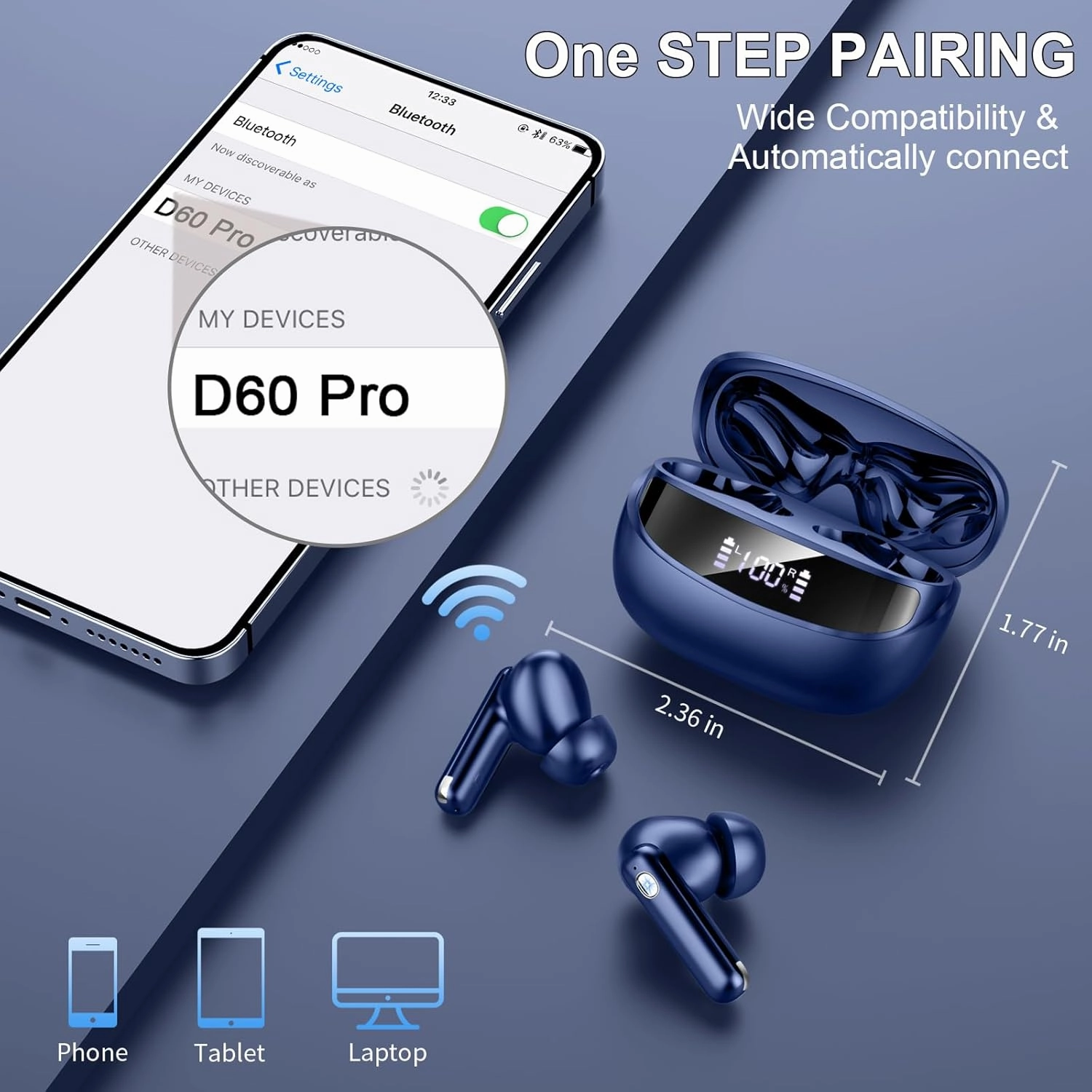 Wireless Earbuds, Bluetooth 5.4 Headphones with 4 ENC Noise Cancelling Mic, 45Hrs Playtime Bluetooth Earphones HiFi Stereo Deep Bass, in Ear Earbuds IP7 Waterproof, Wireless Headphones Deep Blue