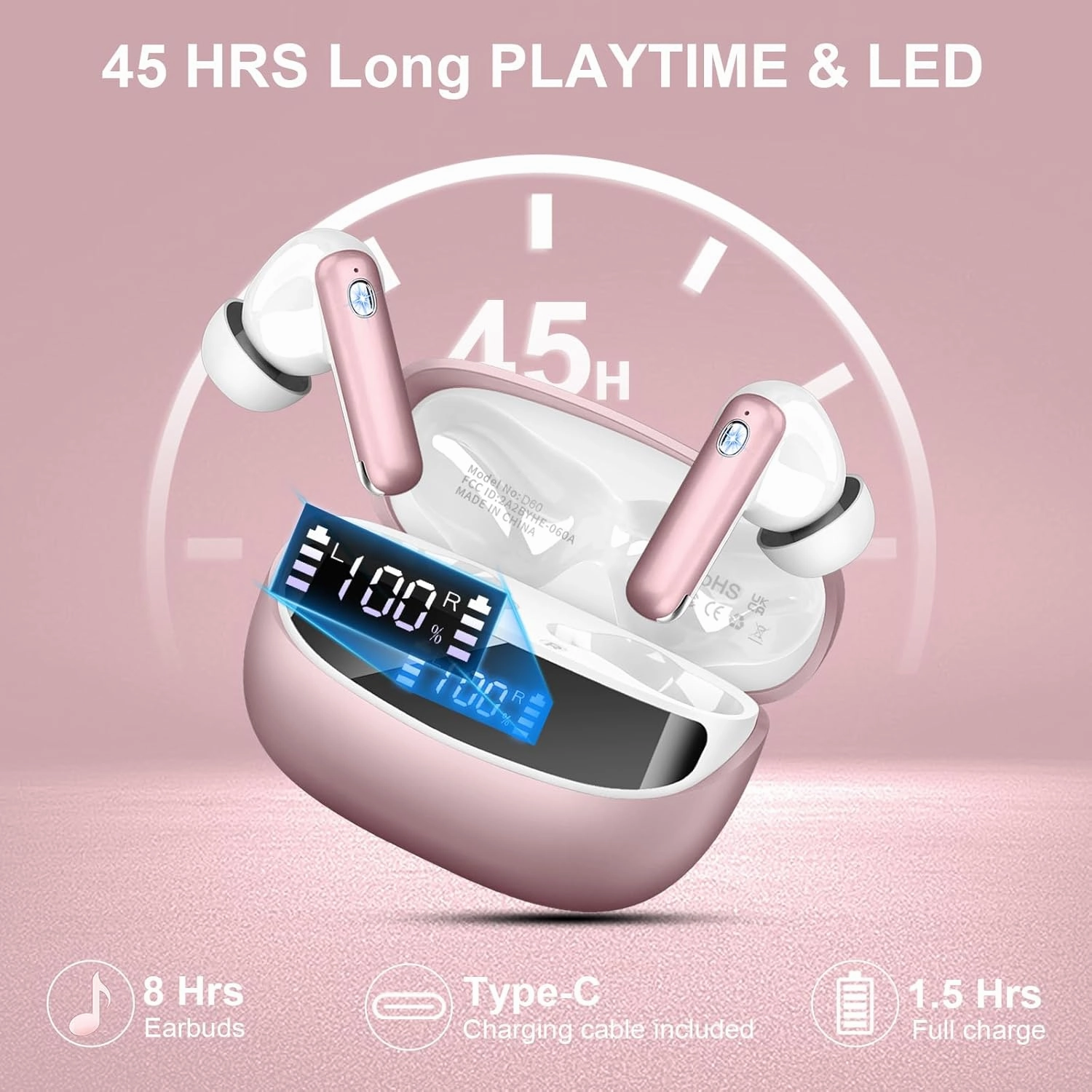 Wireless Earbuds, Bluetooth 5.4 Headphones with 4 ENC Noise Cancelling Mic, 45Hrs Playtime Bluetooth Earphones HiFi Stereo Deep Bass, in Ear Earbuds IP7 Waterproof, Wireless Headphones Rose Gold