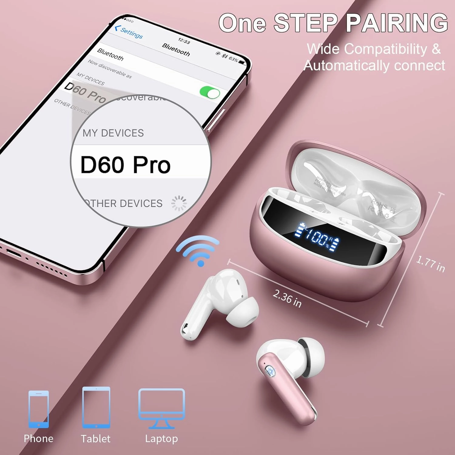 Wireless Earbuds, Bluetooth 5.4 Headphones with 4 ENC Noise Cancelling Mic, 45Hrs Playtime Bluetooth Earphones HiFi Stereo Deep Bass, in Ear Earbuds IP7 Waterproof, Wireless Headphones Rose Gold