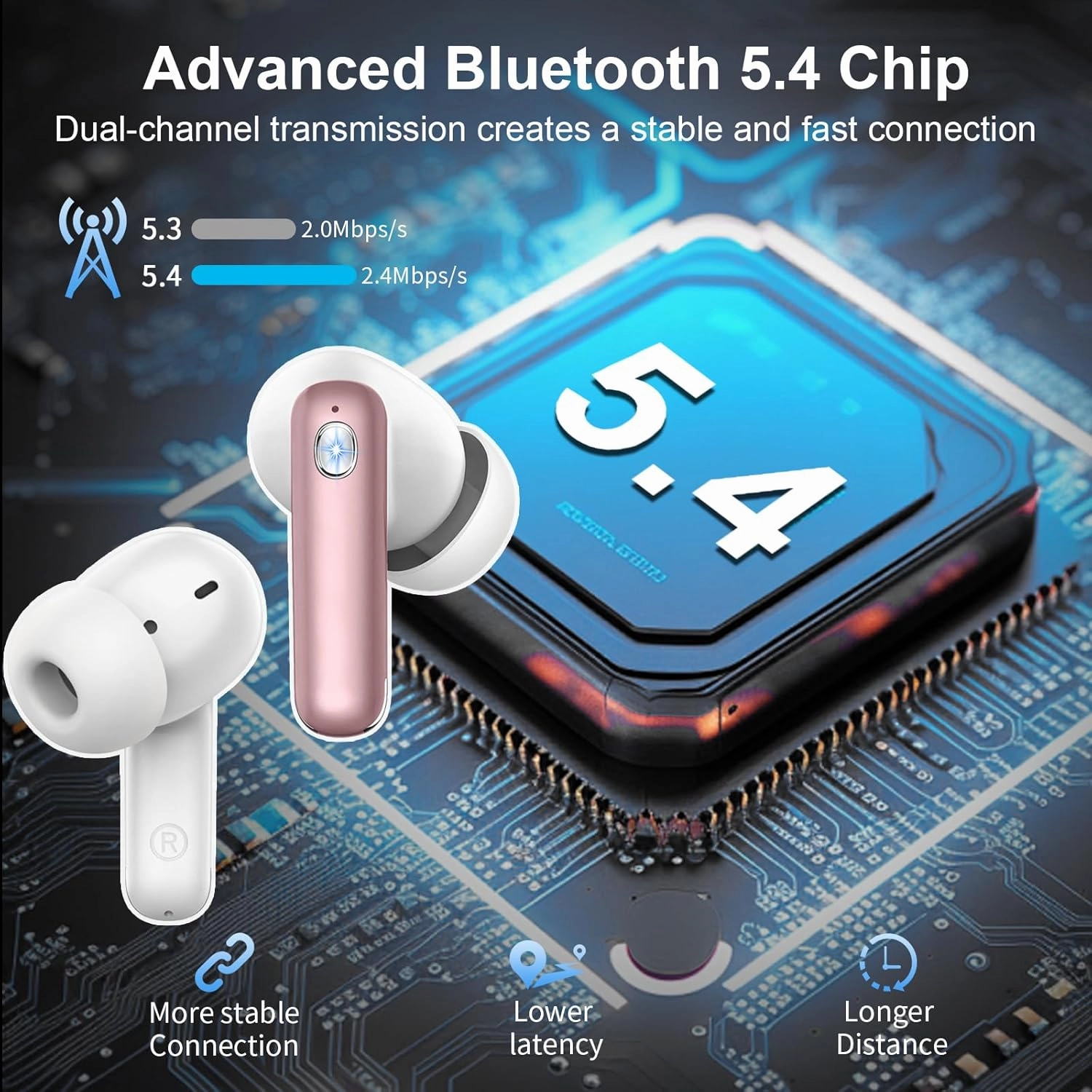 Wireless Earbuds, Bluetooth 5.4 Headphones with 4 ENC Noise Cancelling Mic, 45Hrs Playtime Bluetooth Earphones HiFi Stereo Deep Bass, in Ear Earbuds IP7 Waterproof, Wireless Headphones Rose Gold