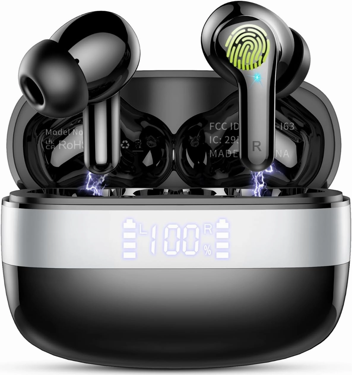 Wireless Earbuds Bluetooth, Bluetooth 5.3 HiFi Stereo Ear Buds With 4 ENC Mic, 48H Playtime Earphones with LED Power Display, IPX7 Waterproof Wireless Headphones Compatible with iOS Android. Black wireless earbuds,Bluetooth earphones,true wireless stereo,