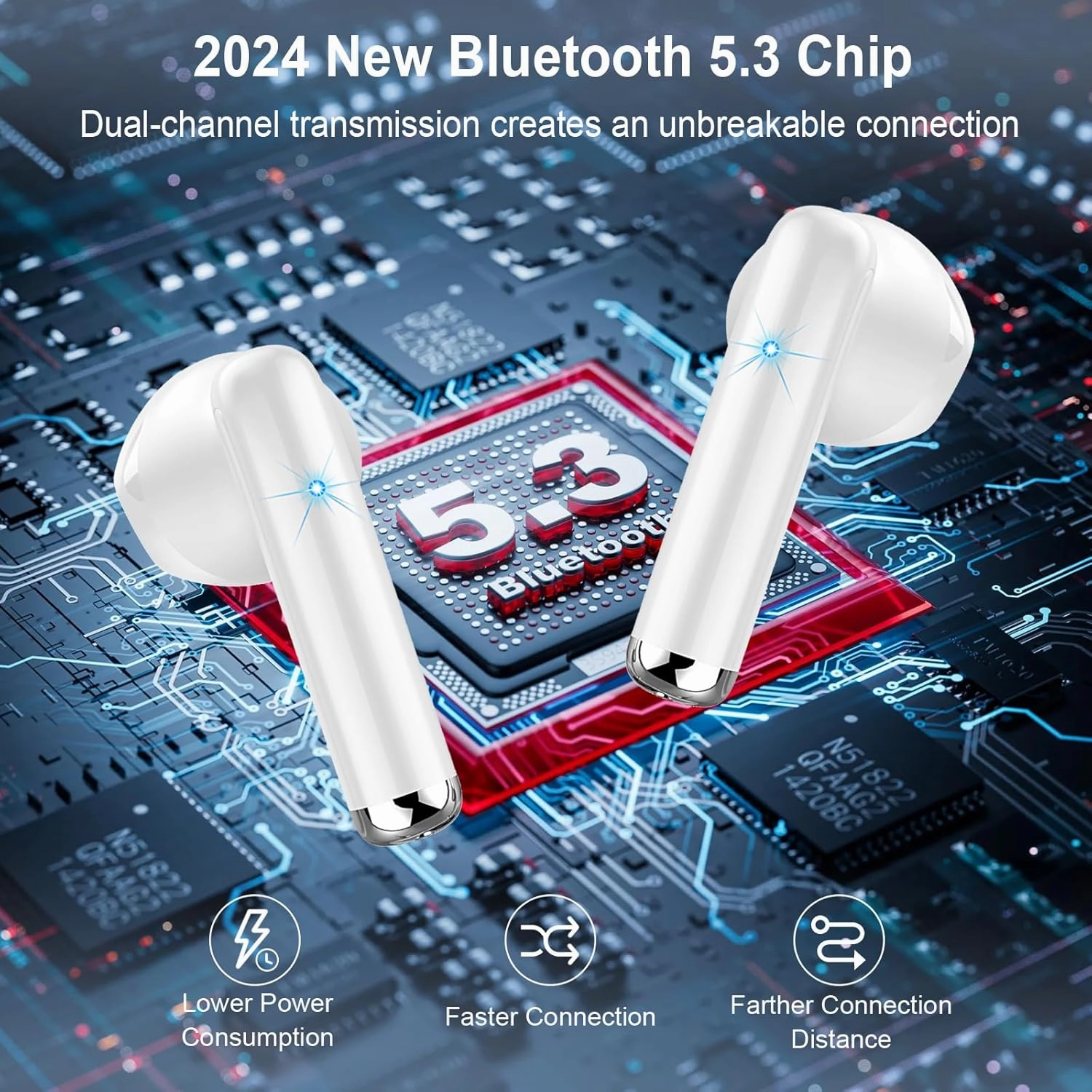 Wireless Earbuds Bluetooth Earbuds Hi-Fi Stereo, 2024 Ear Buds with 4 ENC Mics, 3g Mini Bluetooth Headphones in Ear, 30H USB-C LED Charging Case, IP7 Waterproof Wireless Earphones for Android iOS