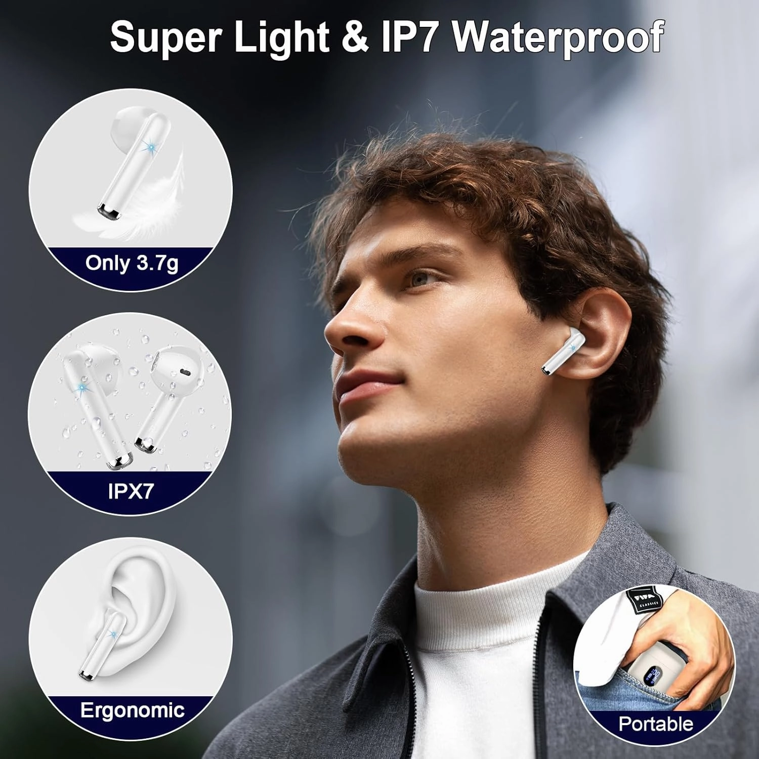 Wireless Earbuds Bluetooth Earbuds Hi-Fi Stereo, 2024 Ear Buds with 4 ENC Mics, 3g Mini Bluetooth Headphones in Ear, 30H USB-C LED Charging Case, IP7 Waterproof Wireless Earphones for Android iOS