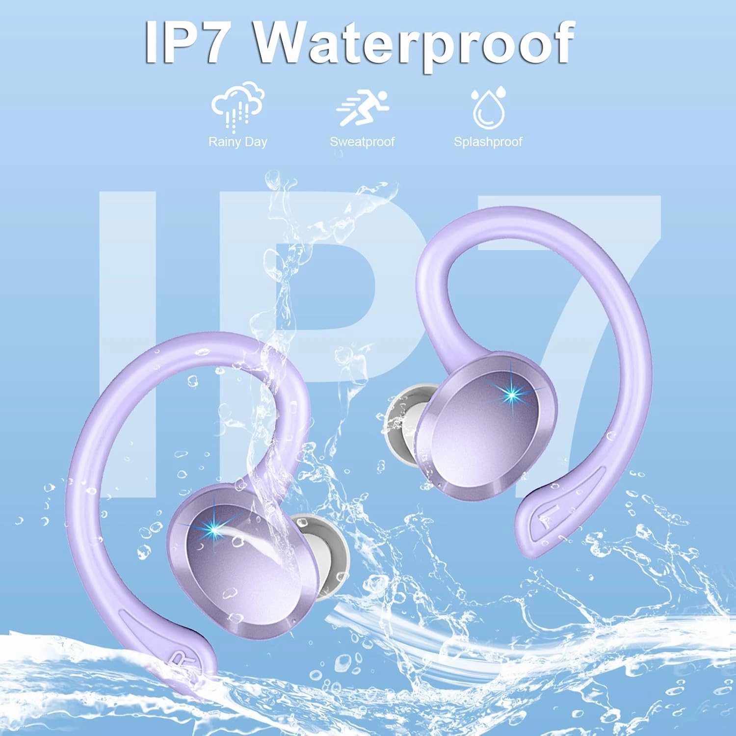Wireless Earbuds Bluetooth Headphone Sport, Bluetooth 5.3 Earbud 3D HiFi Stereo Over Ear Buds, 48Hrs Earhooks Earphone with Noise Cancelling Mic, IP7 Waterproof Headset for Workout/Running/Gym, Purple