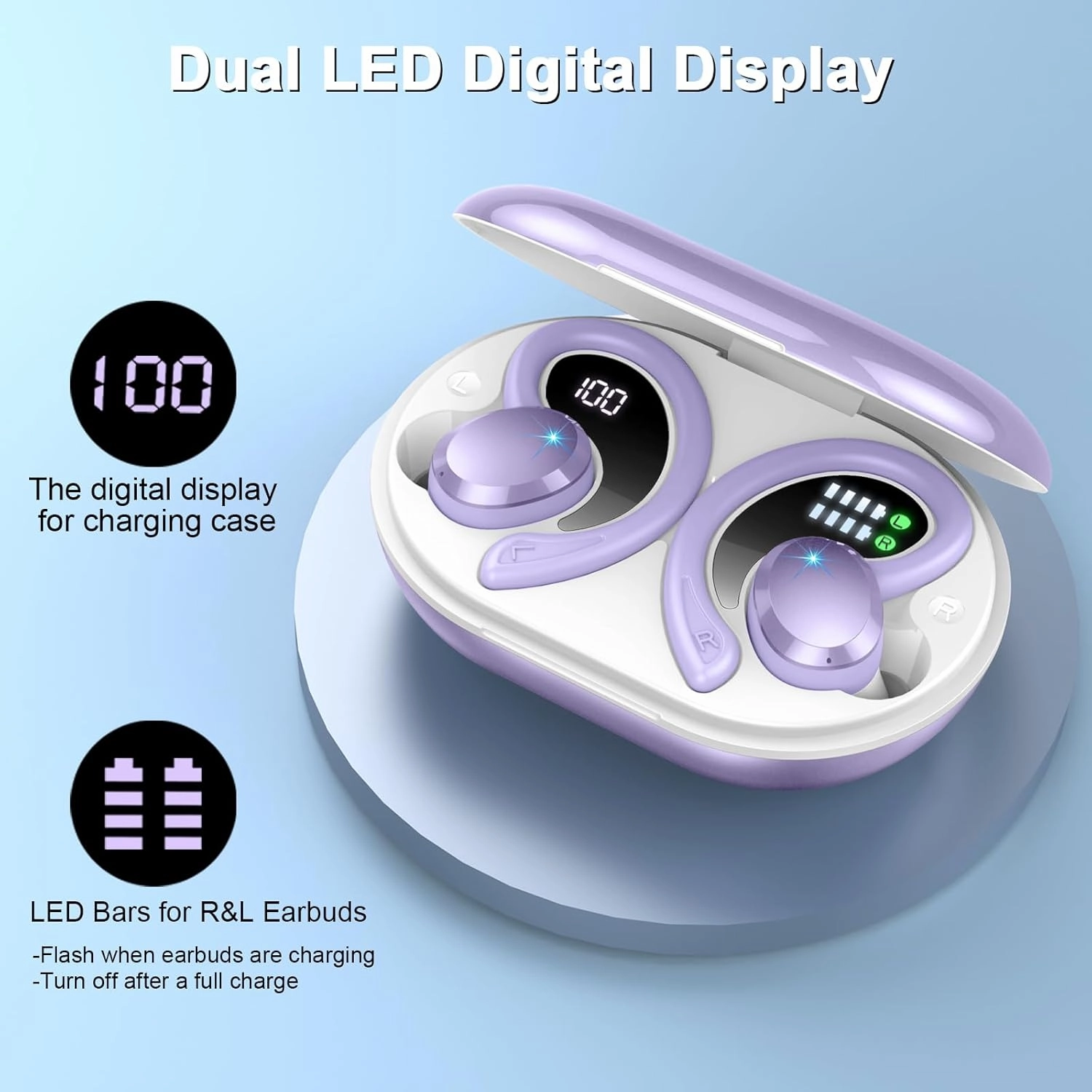 Wireless Earbuds Bluetooth Headphone Sport, Bluetooth 5.3 Earbud 3D HiFi Stereo Over Ear Buds, 48Hrs Earhooks Earphone with Noise Cancelling Mic, IP7 Waterproof Headset for Workout/Running/Gym, Purple
