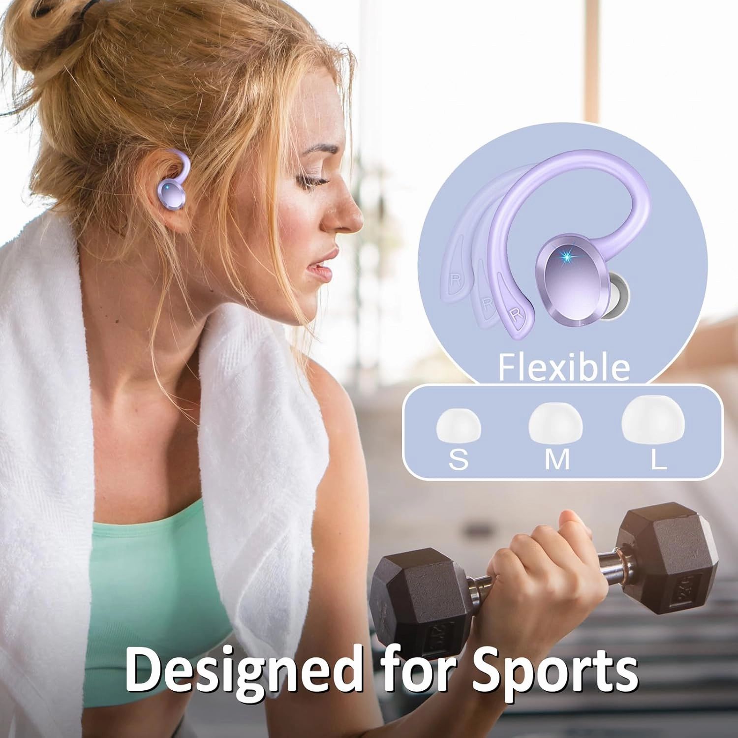 Wireless Earbuds Bluetooth Headphone Sport, Bluetooth 5.3 Earbud 3D HiFi Stereo Over Ear Buds, 48Hrs Earhooks Earphone with Noise Cancelling Mic, IP7 Waterproof Headset for Workout/Running/Gym, Purple