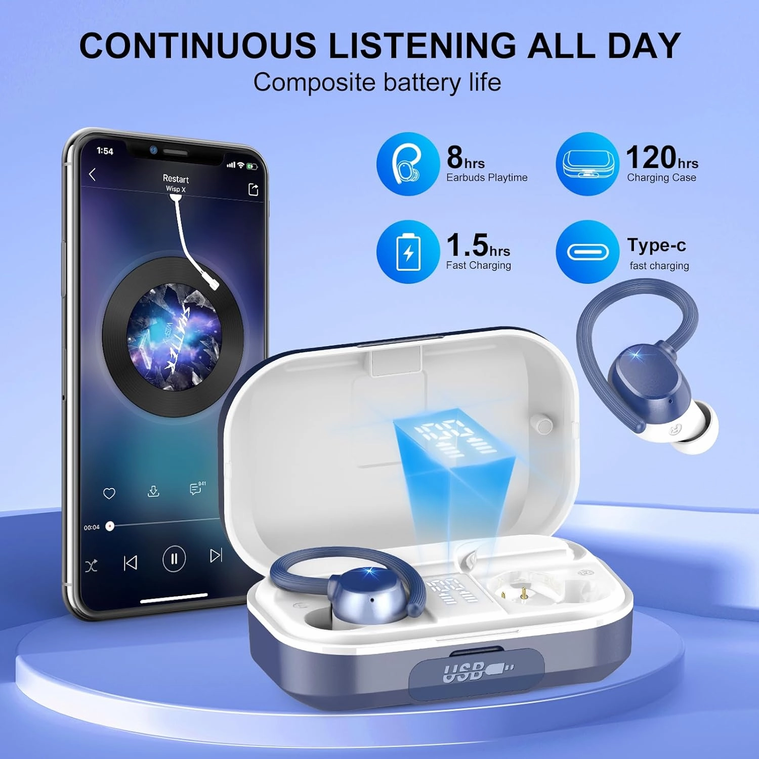 Wireless Earbuds Bluetooth Headphones 120hrs Playtime HiFi Stereo Wireless Headphones with HD Mic Deep Bass Wireless Earphones with Dual LED Display USB-C IP7 Waterproof Earbuds for Running Sports