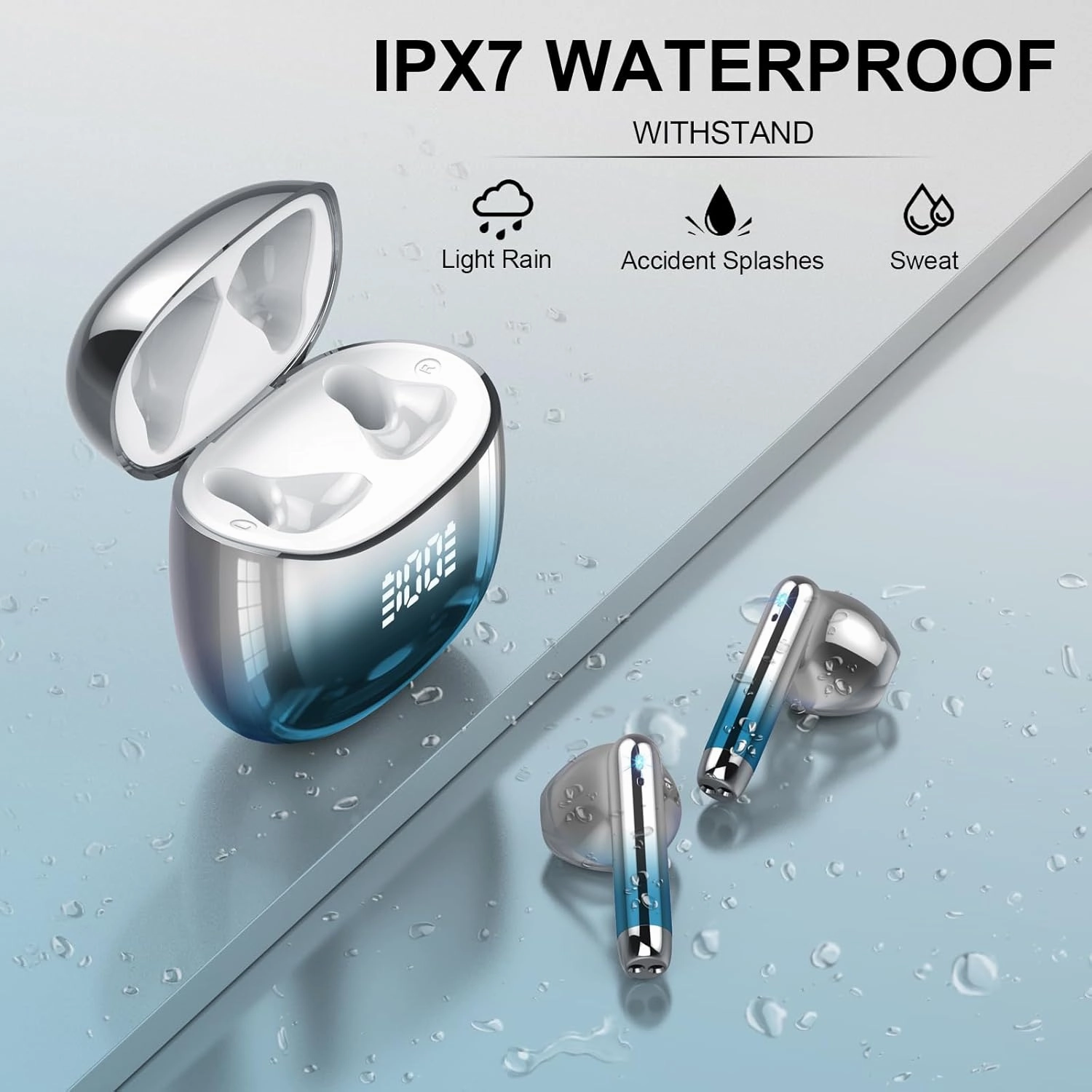 Wireless Earbuds, Bluetooth Headphones 48H Playtime Ear Buds with LED Power Display, IPX7 Waterproof Bluetooth 5.4 Earphones in-Ear Earbuds with 4 Mic for Android iOS Cell Phone Laptop, Light blue