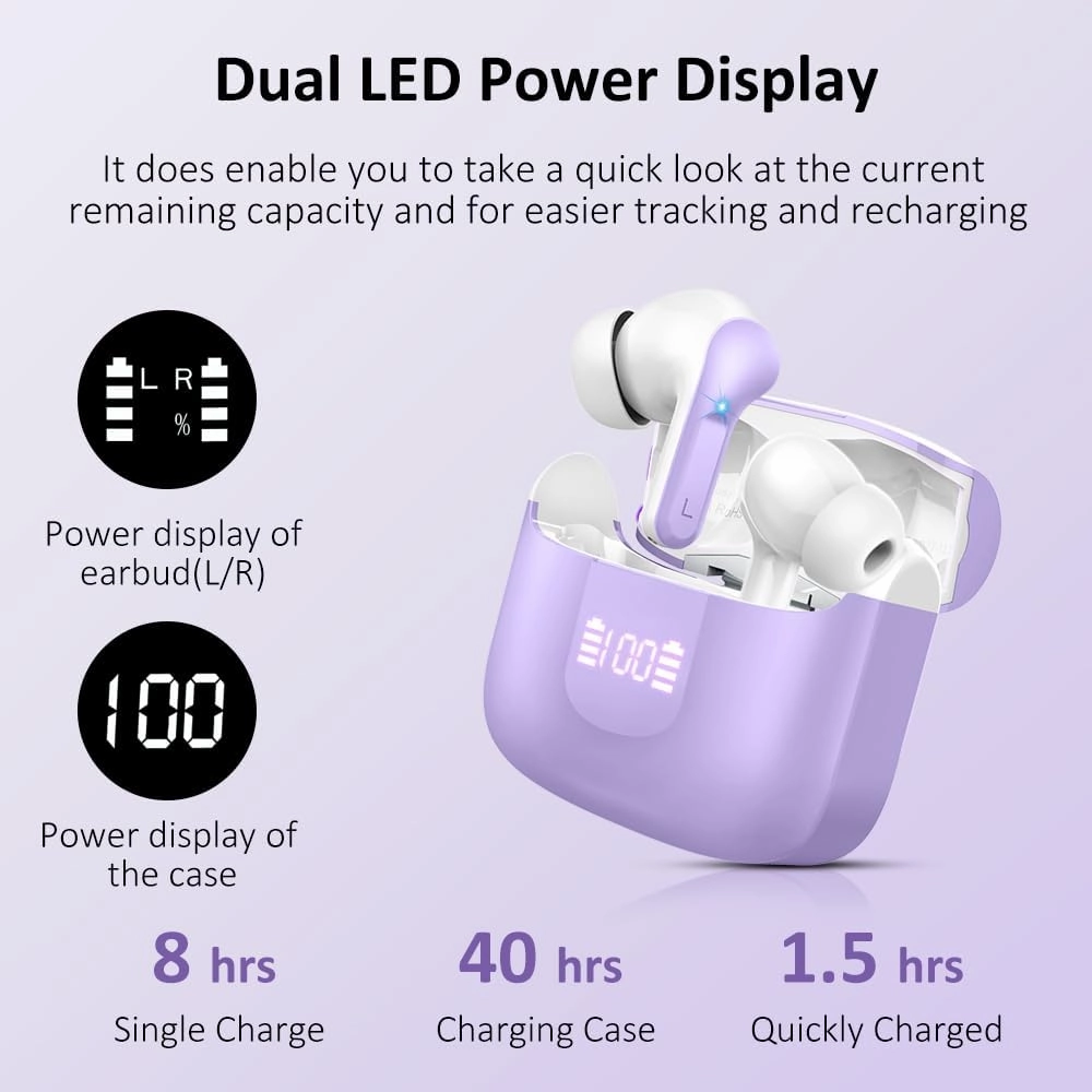 Wireless Earbuds, Bluetooth Headphones 5.3 NEW 40H Ear Buds Bass Stereo Earphones Noise Cancelling Earbud with 4 ENC Mic in-Ear Bluetooth Earbud USB-C LED Display IP7 Waterproof Sport for Android iOS
