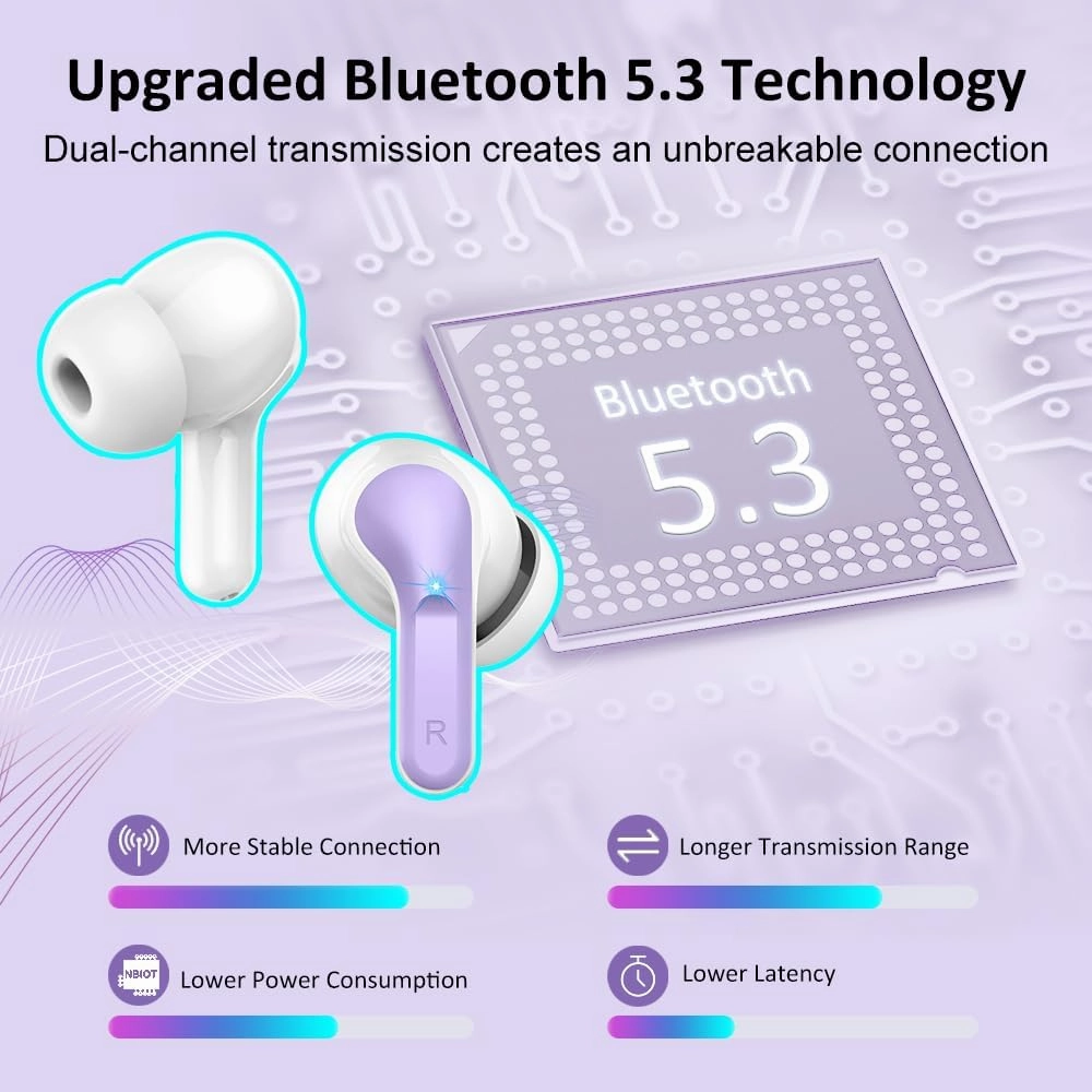 Wireless Earbuds, Bluetooth Headphones 5.3 NEW 40H Ear Buds Bass Stereo Earphones Noise Cancelling Earbud with 4 ENC Mic in-Ear Bluetooth Earbud USB-C LED Display IP7 Waterproof Sport for Android iOS