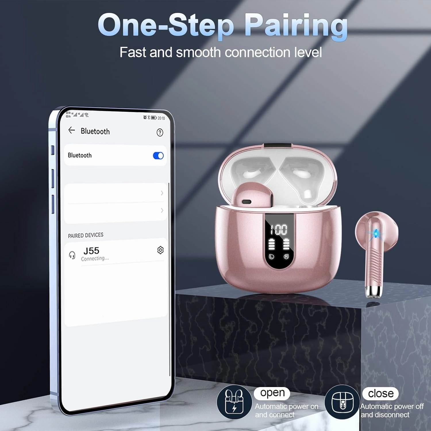 Wireless Earbuds, Bluetooth Headphones 5.4 with ENC Noise Cancelling Mic, 40H Bluetooth Ear buds Stereo Bass with LED Display Charging Case, IP7 Waterproof Wireless Earphones for Android/iOS, Rosegold