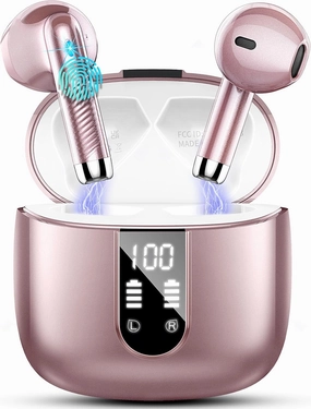 Wireless Earbuds, Bluetooth Headphones 5.4 with ENC Noise Cancelling Mic, 40H Bluetooth Ear buds Stereo Bass with LED Display Charging Case, IP7 Waterproof Wireless Earphones for Android/iOS, Rosegold TWS earbuds,compact wireless buds,Bluetooth ear tips,