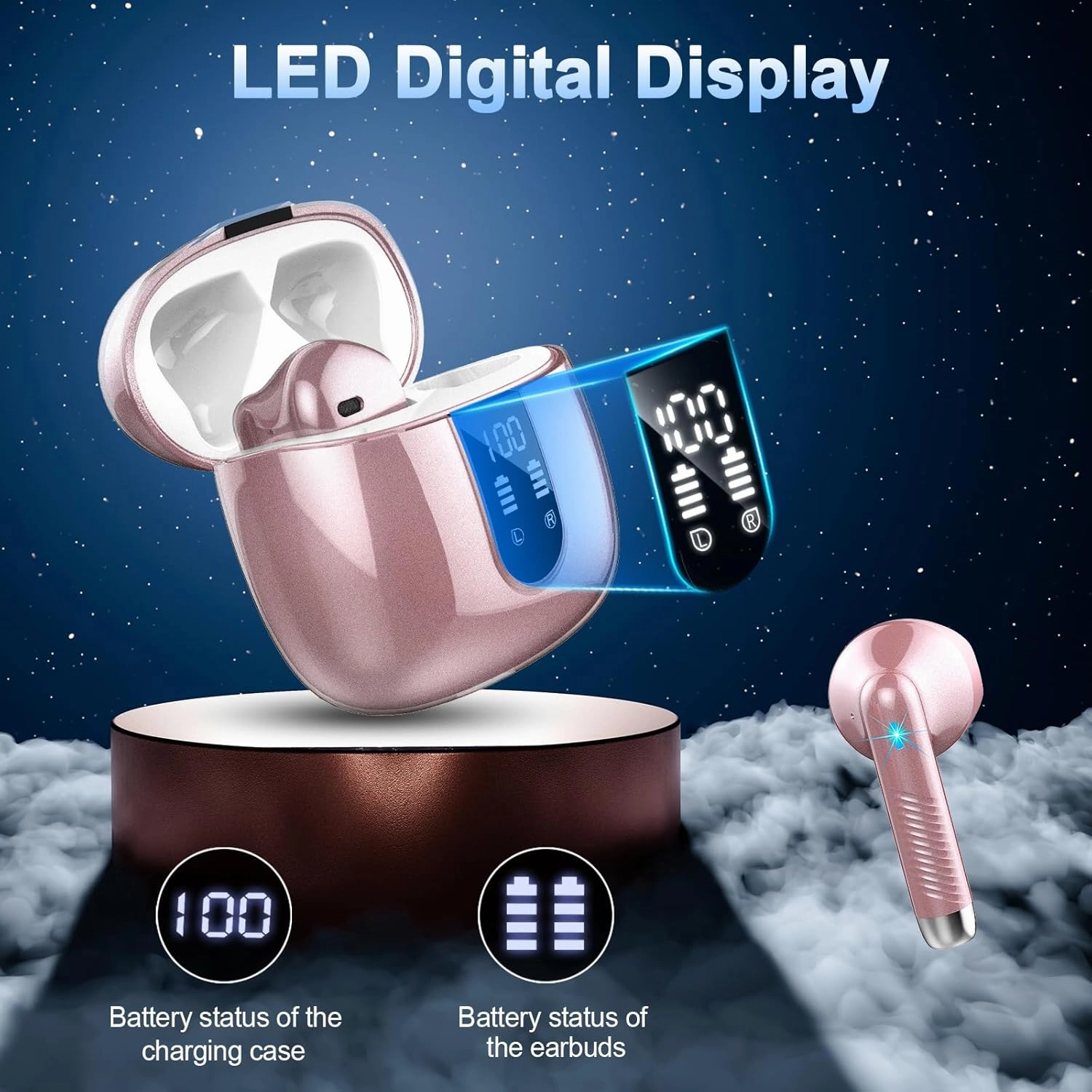 Wireless Earbuds, Bluetooth Headphones 5.4 with ENC Noise Cancelling Mic, 40H Bluetooth Ear buds Stereo Bass with LED Display Charging Case, IP7 Waterproof Wireless Earphones for Android/iOS, Rosegold
