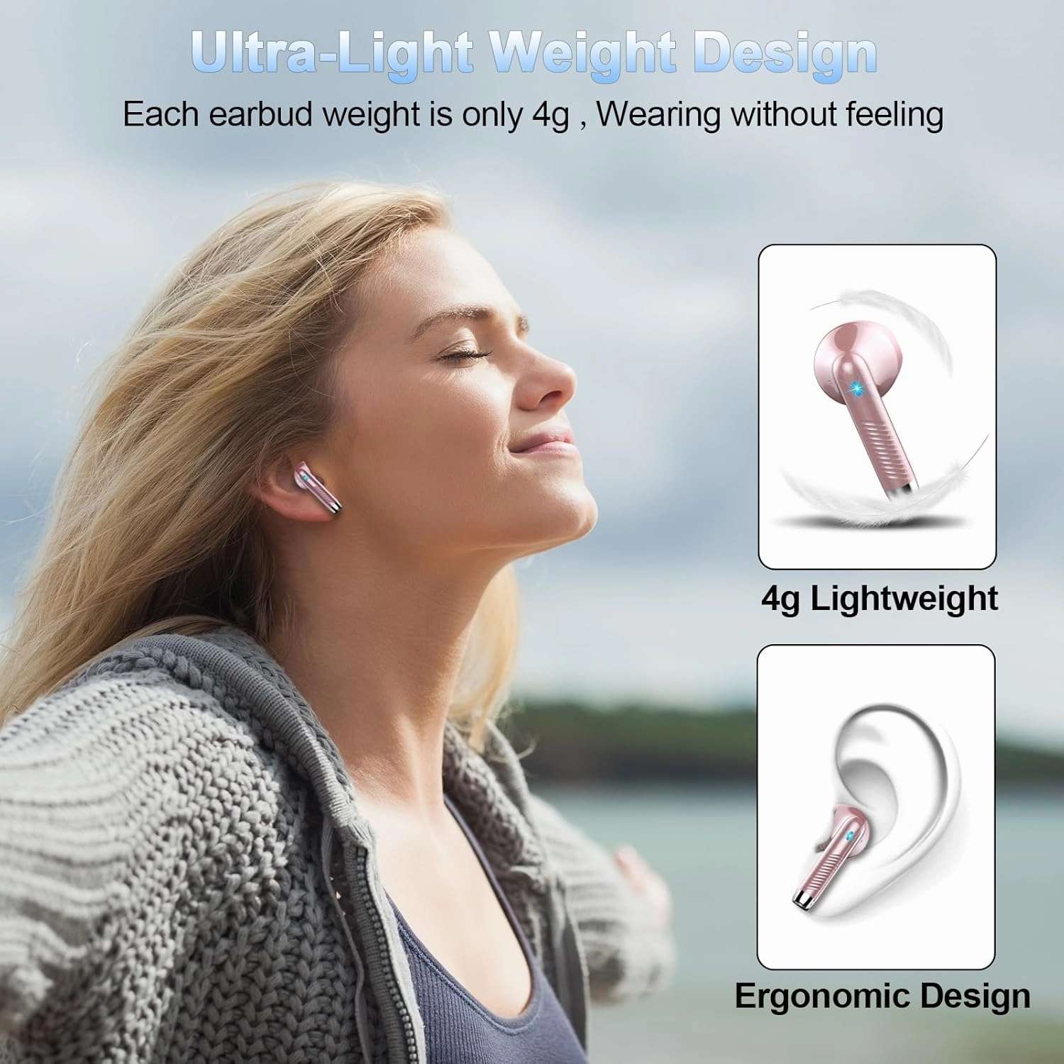 Wireless Earbuds, Bluetooth Headphones 5.4 with ENC Noise Cancelling Mic, 40H Bluetooth Ear buds Stereo Bass with LED Display Charging Case, IP7 Waterproof Wireless Earphones for Android/iOS, Rosegold