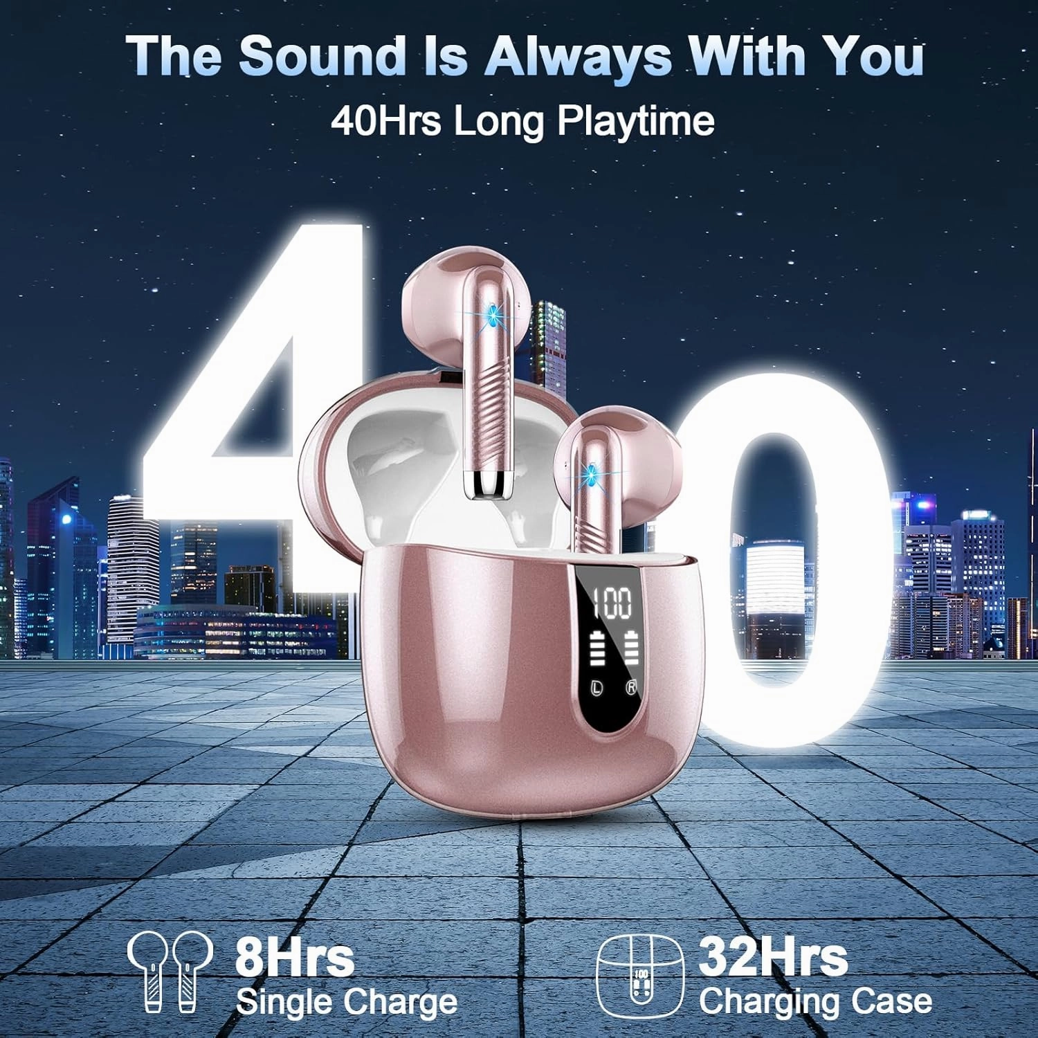 Wireless Earbuds, Bluetooth Headphones 5.4 with ENC Noise Cancelling Mic, 40H Bluetooth Ear buds Stereo Bass with LED Display Charging Case, IP7 Waterproof Wireless Earphones for Android/iOS, Rosegold