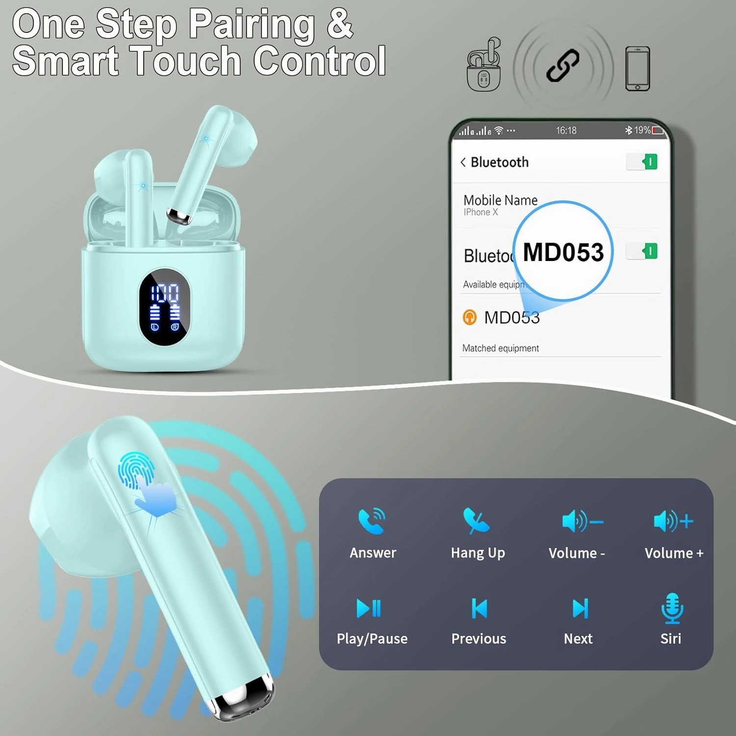 Wireless Earbuds, Bluetooth Headphones 5.4 with ENC Noise Cancelling Mics, 30H Bluetooth Ear Buds 3D Bass with LED Display Charging Case, IP7 Waterproof Wireless Earphones for Android, iOS, Cyan