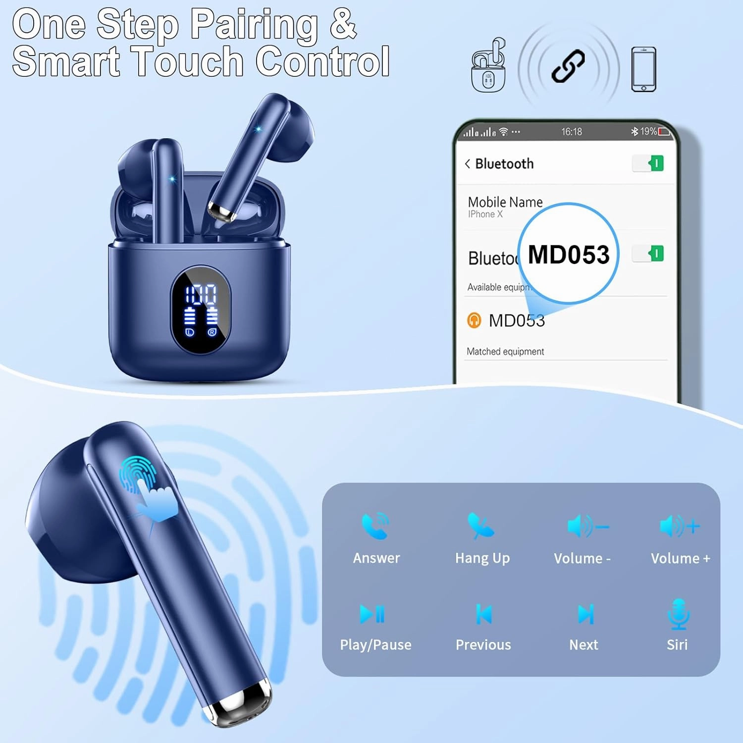 Wireless Earbuds, Bluetooth Headphones 5.4 with ENC Noise Cancelling Mics, 30H Bluetooth Ear Buds 3D Bass with LED Display Charging Case, IP7 Waterproof Wireless Earphones for Android, iOS, Dark Blue