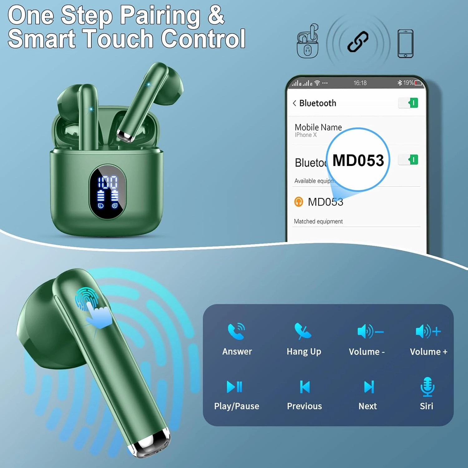 Wireless Earbuds, Bluetooth Headphones 5.4 with ENC Noise Cancelling Mics, 30H Bluetooth Ear Buds 3D Bass with LED Display Charging Case, IP7 Waterproof Wireless Earphones for Android, iOS, Green