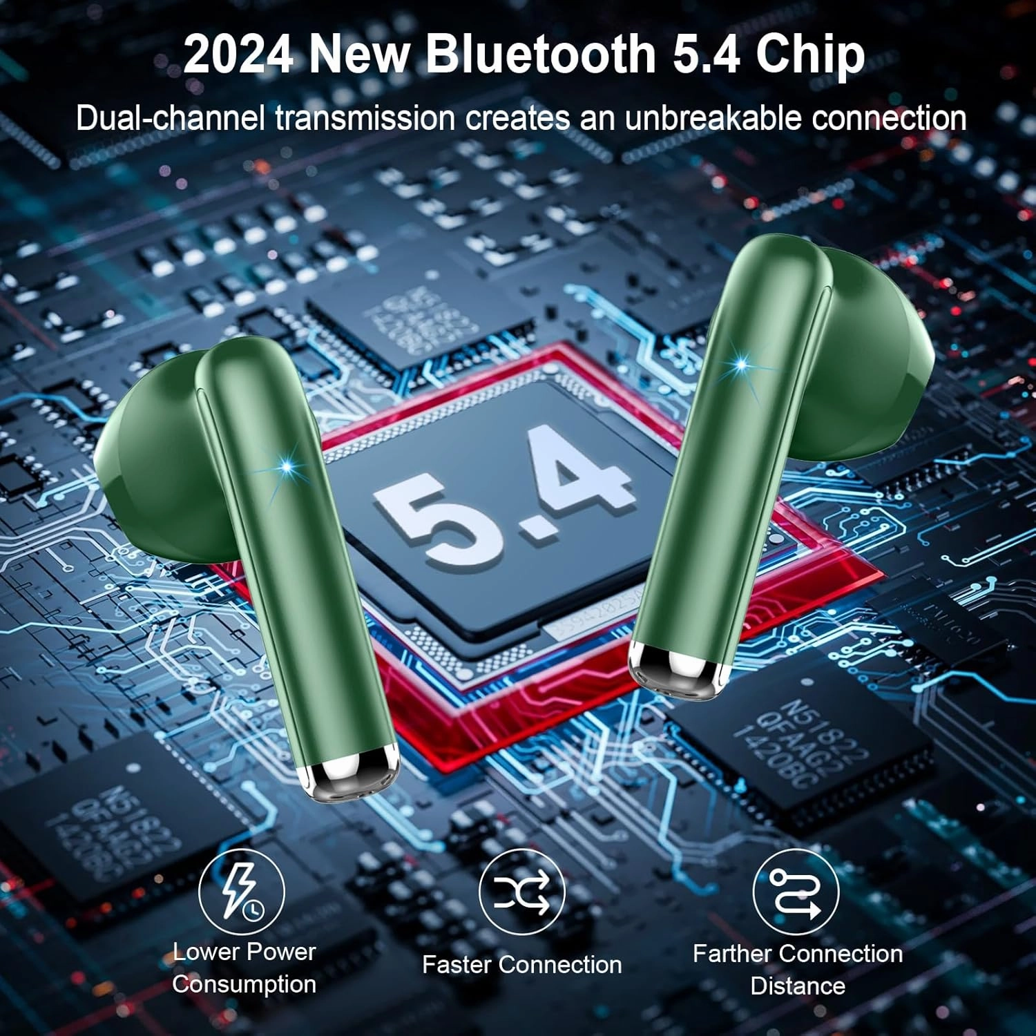 Wireless Earbuds, Bluetooth Headphones 5.4 with ENC Noise Cancelling Mics, 30H Bluetooth Ear Buds 3D Bass with LED Display Charging Case, IP7 Waterproof Wireless Earphones for Android, iOS, Green