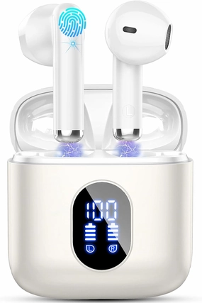 Wireless Earbuds, Bluetooth Headphones 5.4 with ENC Noise Cancelling Mics, 30H Bluetooth Ear buds 3D Bass with LED Display Charging Case, IP7 Waterproof Wireless Earphones for Android, iOS, Pearlwhite TWS earbuds,compact wireless buds,Bluetooth ear tips,
