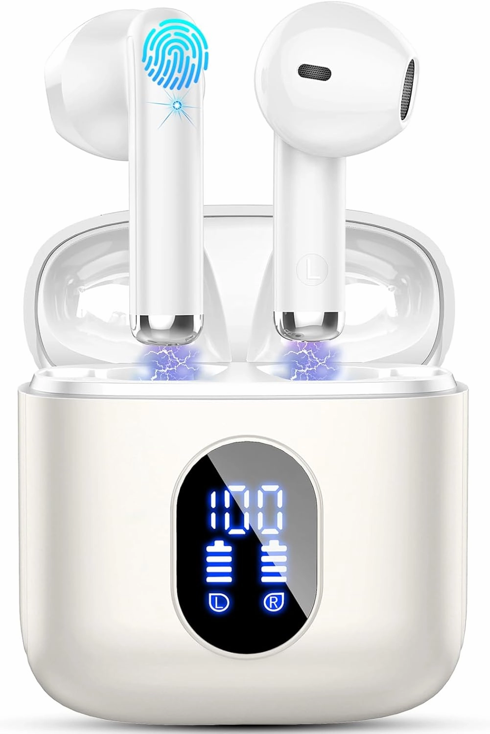 Wireless Earbuds, Bluetooth Headphones 5.4 with ENC Noise Cancelling Mics, 30H Bluetooth Ear buds 3D Bass with LED Display Charging Case, IP7 Waterproof Wireless Earphones for Android, iOS, Pearlwhite TWS earbuds,compact wireless buds,Bluetooth ear tips,