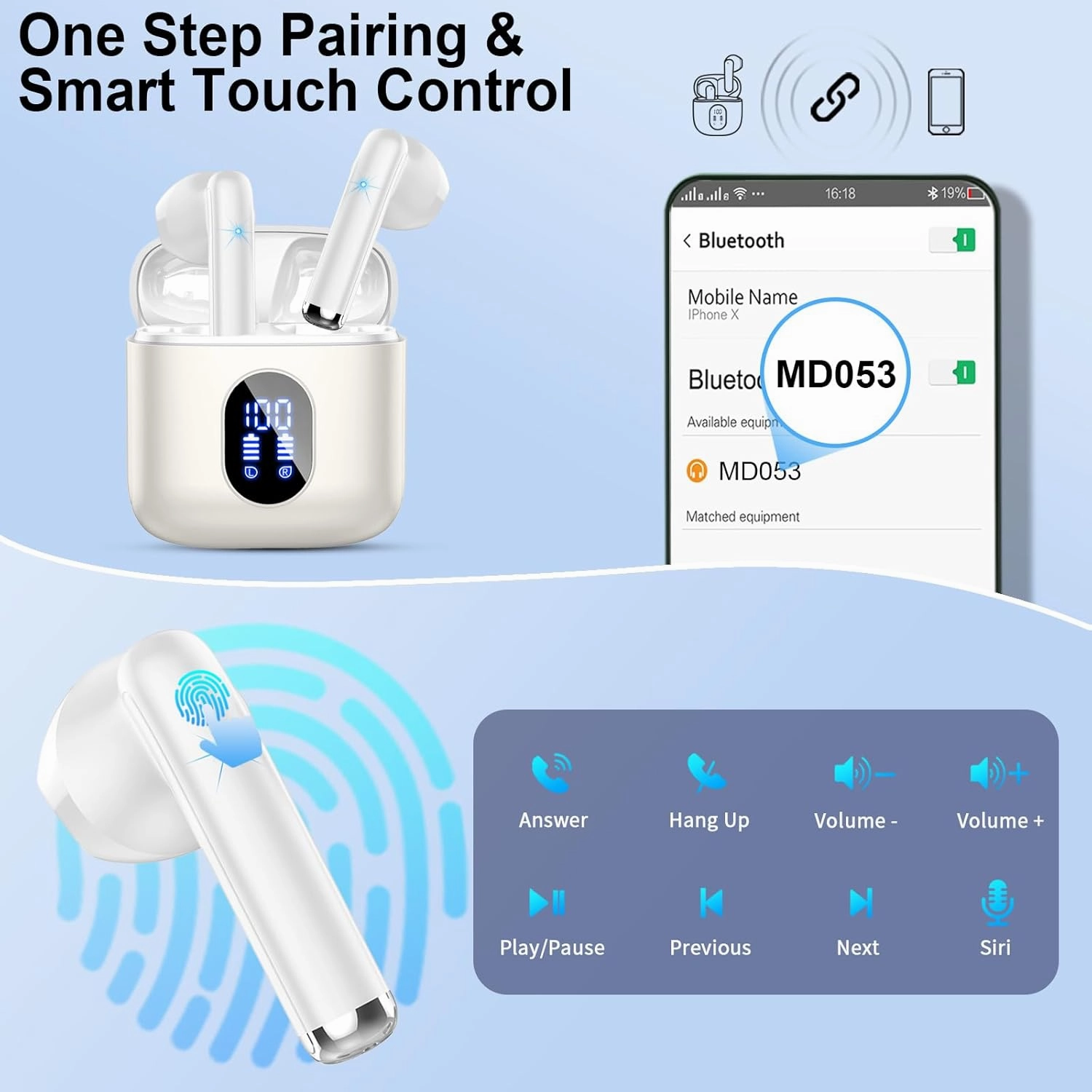 Wireless Earbuds, Bluetooth Headphones 5.4 with ENC Noise Cancelling Mics, 30H Bluetooth Ear buds 3D Bass with LED Display Charging Case, IP7 Waterproof Wireless Earphones for Android, iOS, Pearlwhite