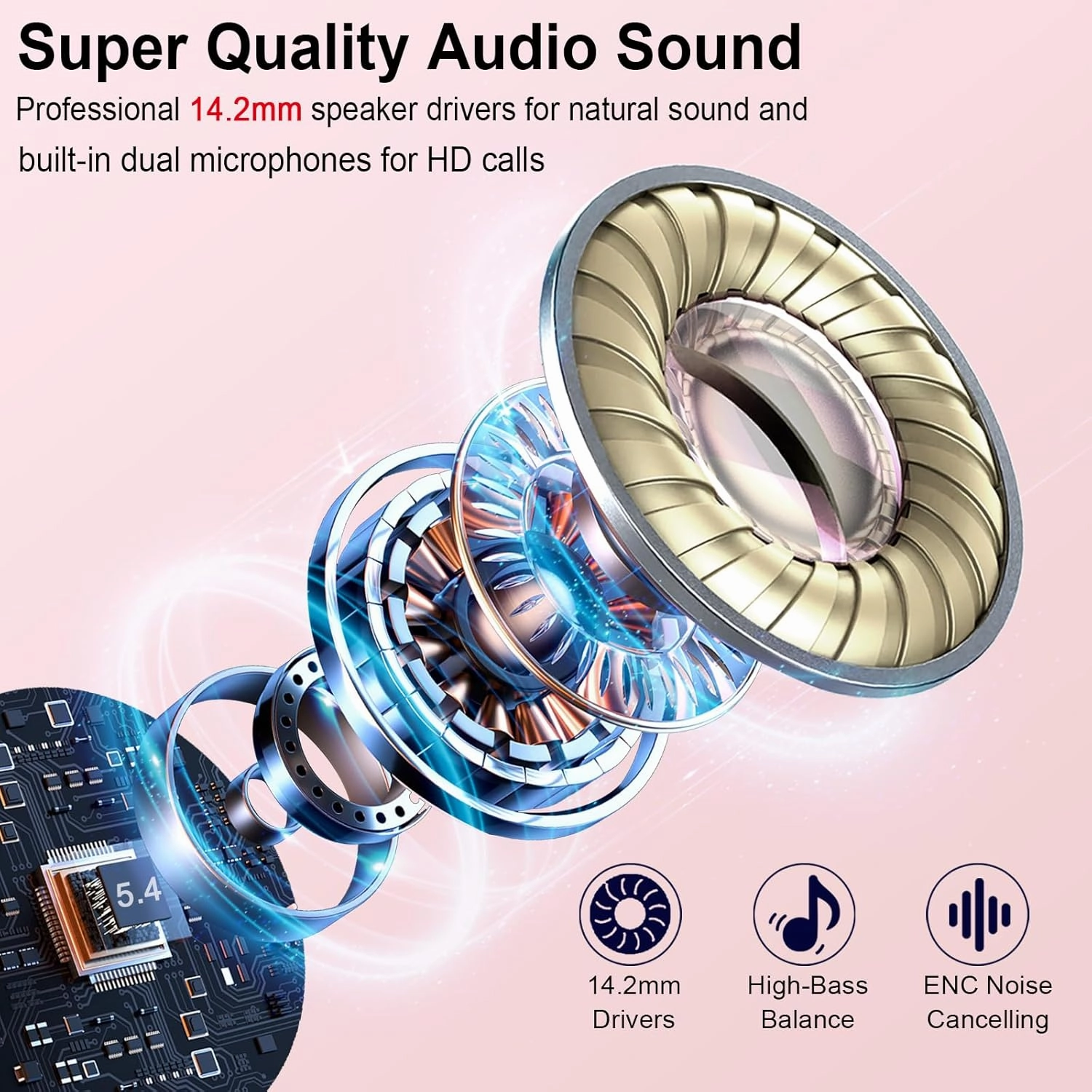 Wireless Earbuds, Bluetooth Headphones 5.4 with ENC Noise Cancelling Mics, 30H Bluetooth Ear buds Bass with Dual LED Display Charging Case, IP7 Waterproof Wireless Earphones for Android/iOS, Rosegold