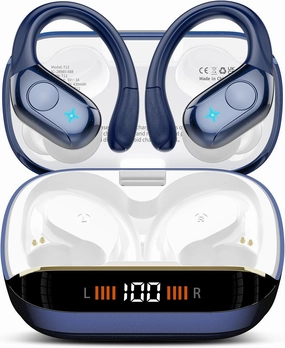 Wireless Earbuds Bluetooth Headphones Stereo Deep Bass Sports Ear Buds with Earhooks, Bluetooth Earbuds, LED Display, IP7 Waterproof Earphone, Dark Blue over-ear headphones,closed back headphones,wireless studio cans,