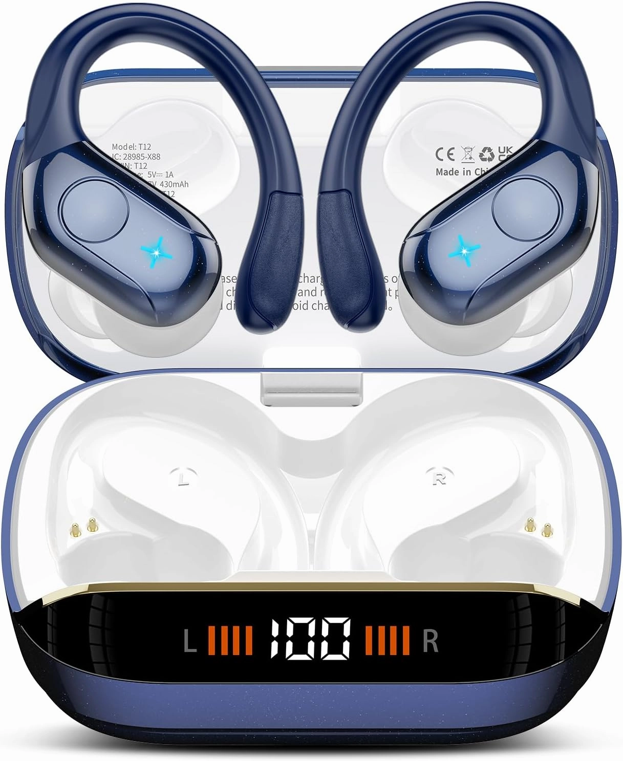 Wireless Earbuds Bluetooth Headphones Stereo Deep Bass Sports Ear Buds with Earhooks, Bluetooth Earbuds, LED Display, IP7 Waterproof Earphone, Dark Blue over-ear headphones,closed back headphones,wireless studio cans,