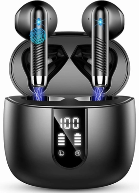 Wireless Earbuds, Bluetooth Headphones V5.4 Stereo Bass Ear buds with ENC Noise Cancelling Mics, 40H Bluetooth Earbuds with LED Display Charging Case, IP7 Waterproof Earphones for Android iOS, Black TWS earbuds,compact wireless buds,Bluetooth ear tips,