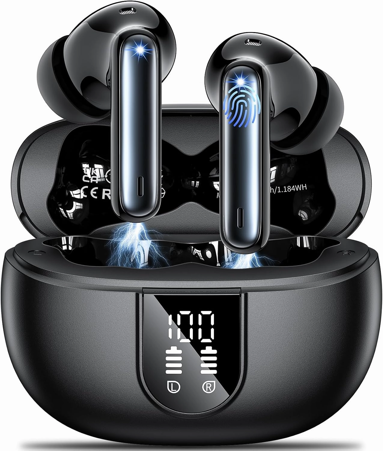 Wireless Earbuds Headphones Bluetooth 5.3 with 4 ENC Noise Cancelling Mics,Hi-Fi Stereo in Ear Ear Buds with LED Screen,42h Duration Playback,IPX6 Waterproof Earphones for iOS Android Black wireless earbuds,Bluetooth earphones,true wireless stereo,