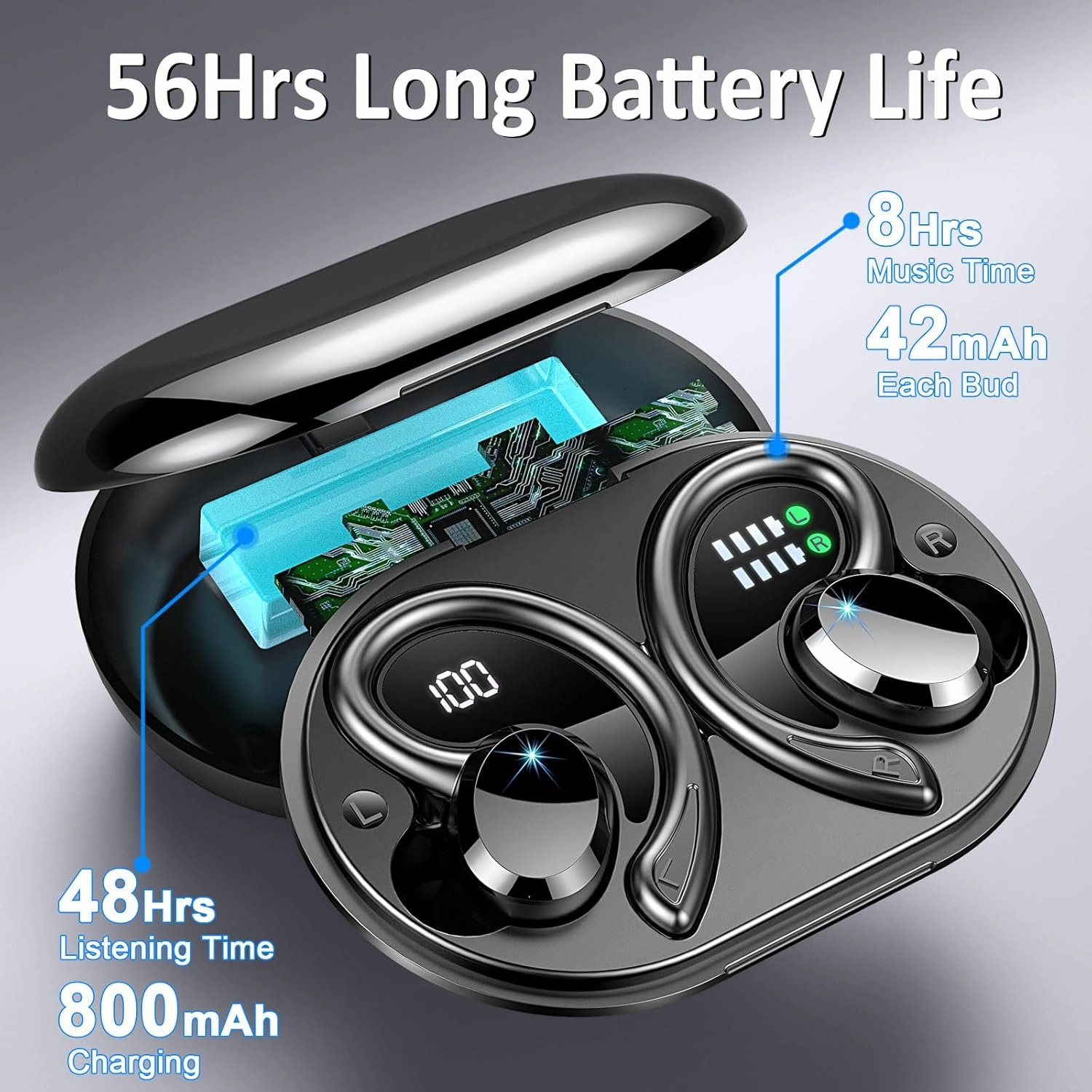 Wireless Earbuds Sport, 2025 Bluetooth 5.4 Headphones Bass Hi-Fi Stereo Over Ear Buds, 56Hrs Noise Cancelling Headset with Earhook, IP7 Waterproof Earphones Workout Running for Laptop Pad Android iOS