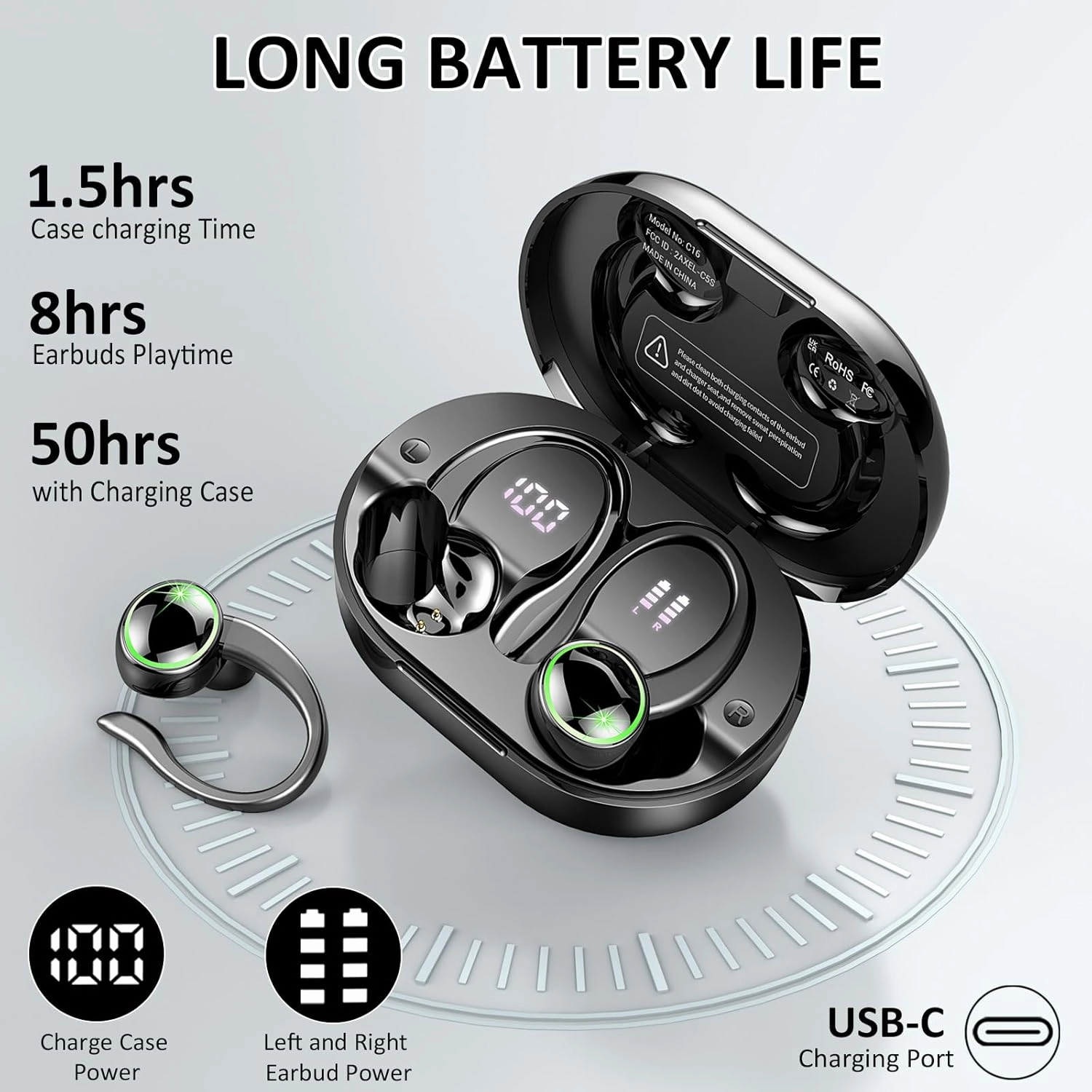 Wireless Earbuds Sports, Bluetooth Headphones 5.3, 50H Playback Over-Ear buds with 4 ENC Noise Cancelling Mic, Deep Bass Earphones with Earhooks, IP7 Waterproof Fitness Headset for Running Workout Gym