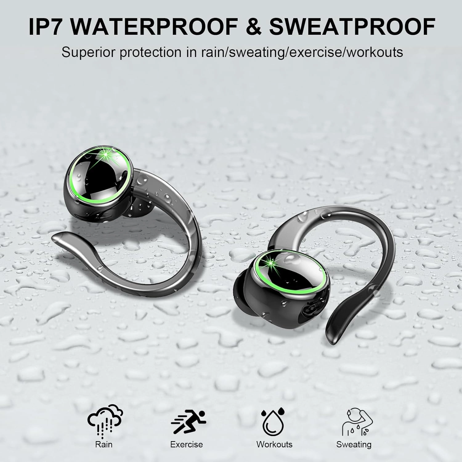 Wireless Earbuds Sports, Bluetooth Headphones 5.3, 50H Playback Over-Ear buds with 4 ENC Noise Cancelling Mic, Deep Bass Earphones with Earhooks, IP7 Waterproof Fitness Headset for Running Workout Gym