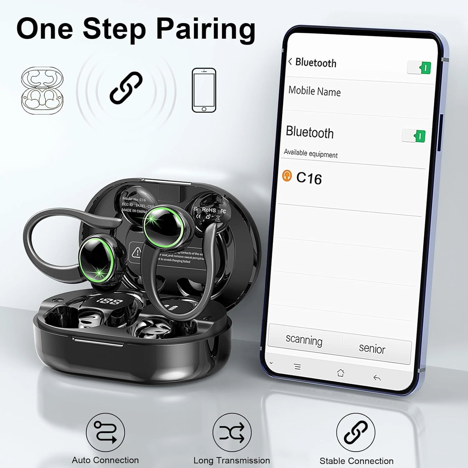 Wireless Earbuds Sports, Bluetooth Headphones 5.3, 50H Playback Over-Ear buds with 4 ENC Noise Cancelling Mic, Deep Bass Earphones with Earhooks, IP7 Waterproof Fitness Headset for Running Workout Gym