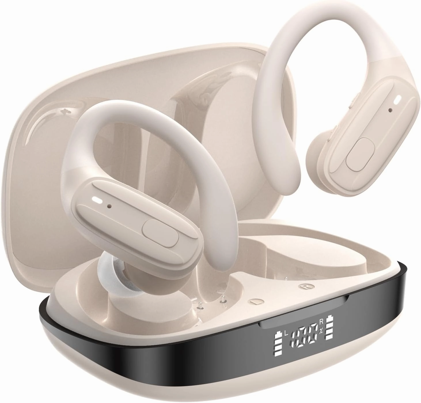 Wireless Earbuds, Sports Bluetooth Headphones, Ear Buds with ENC Noise Canceling Mic, 50Hr Playtime Earphones, Palm-Sized, LED Power Display, IPX7 Waterproof Headset for Workout Running, Beige TWS earbuds,compact wireless buds,Bluetooth ear tips,