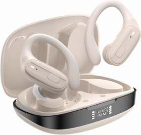 Wireless Earbuds, Sports Bluetooth Headphones, Ear Buds with ENC Noise Canceling Mic, 50Hr Playtime Earphones, Palm-Sized, LED Power Display, IPX7 Waterproof Headset for Workout Running, Beige TWS earbuds,compact wireless buds,Bluetooth ear tips,