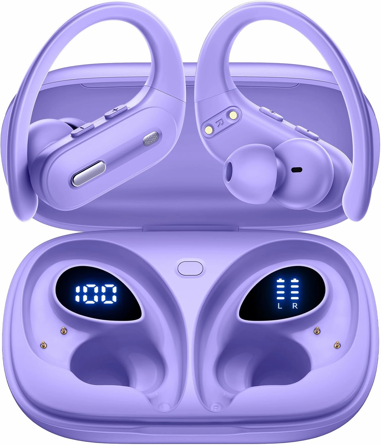 Wireless Earbuds V5.3 Bluetooth Headphones 90 Hrs Playtime Earbuds with Wireless Charging Case Power Display Over-ear Earphones with Earhooks Waterproof Stereo Headset for Android phone Workout Purple wireless earbuds,Bluetooth earphones,true wireless ster