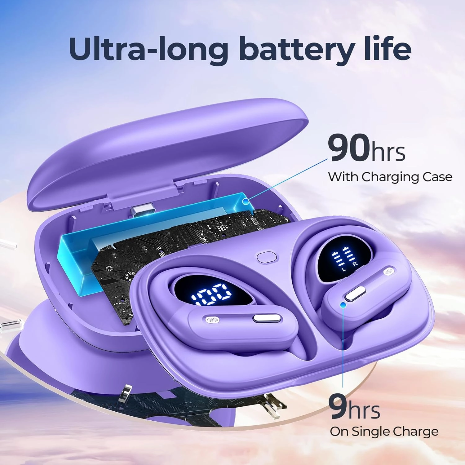 Wireless Earbuds V5.3 Bluetooth Headphones 90 Hrs Playtime Earbuds with Wireless Charging Case Power Display Over-ear Earphones with Earhooks Waterproof Stereo Headset for Android phone Workout Purple