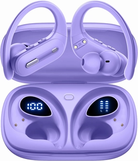 Wireless Earbuds V5.3 Bluetooth Headphones 90 Hrs Playtime Earbuds with Wireless Charging Case Power Display Over-ear Earphones with Earhooks Waterproof Stereo Headset for Android phone Workout Purple wireless earbuds,Bluetooth earphones,true wireless ster