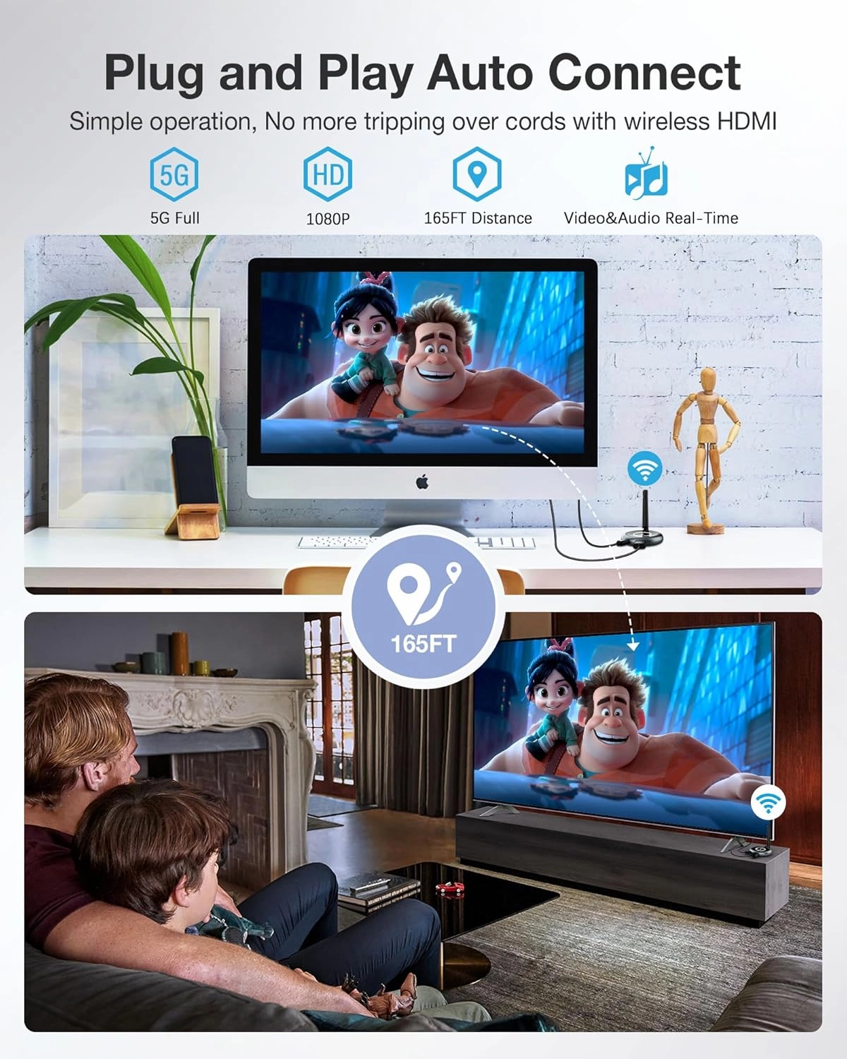 Wireless HDMI Receivers, Multiple TVs, 5G 1080P@ 60HZ HDMI Extender, 1 TX to 4 Screens, 165FT Transmission, Stream Video Audio for Laptop, TV, Projector, Monitor, Camera, TV Box, Phone