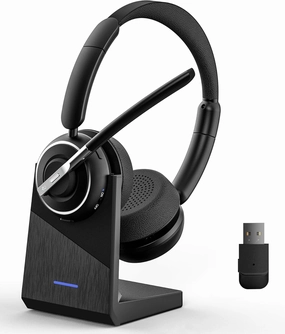 Wireless Headset, Bluetooth Headset with AI Noise Cancelling Mic, Bluetooth V5.2 Headphones with USB Dongle, Charging Base & Mic Mute for PC/Cell Phones/Call Center (Binaural, Black) noise cancelling headphones,ANC headphones,travel headphones,